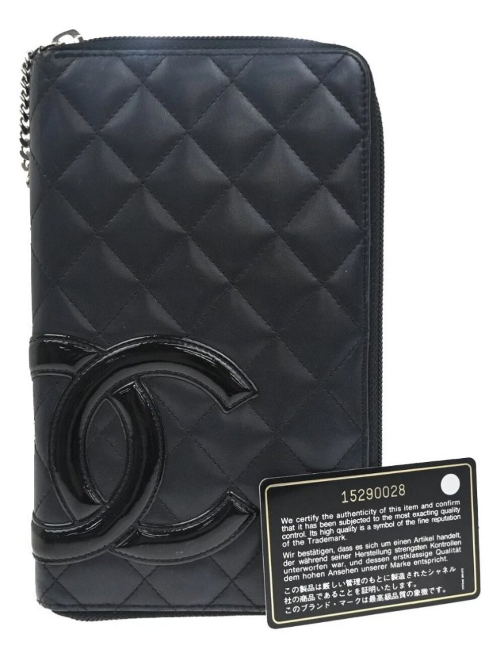 CHANEL CC Logo Cambon Zip Around Long Patent Wallet Leather Black Pink 38KP511